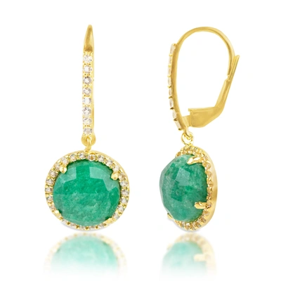Max + Stone 18k Gold Plated Genuine Emerald Round Cut Dangle Drop Earrings With White Topaz Accents