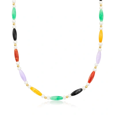 Ross-simons 5x15mm Multicolored Jade Bead And 4-4.5mm Cultured Pearl Station Necklace With 14kt Yellow Gold