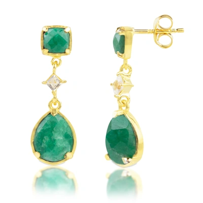 Max + Stone 18k Gold Plated Genuine Blue Sapphire 3 Stone Dangle Drop Earrings