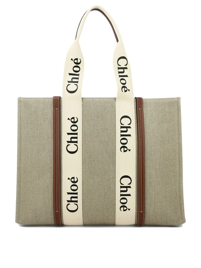 Chloé "woody Large" Shoulder Bag In Beige
