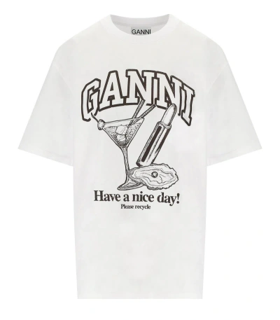 Ganni Cocktail Print Cotton T-shirt In White