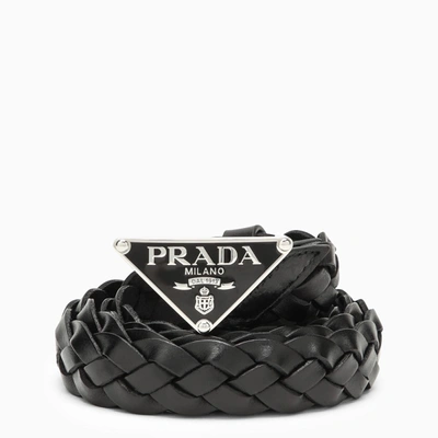 Prada Black Logo Woven Leather Belt