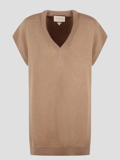 Gucci Open Back Fine Ribbed Top In Brown