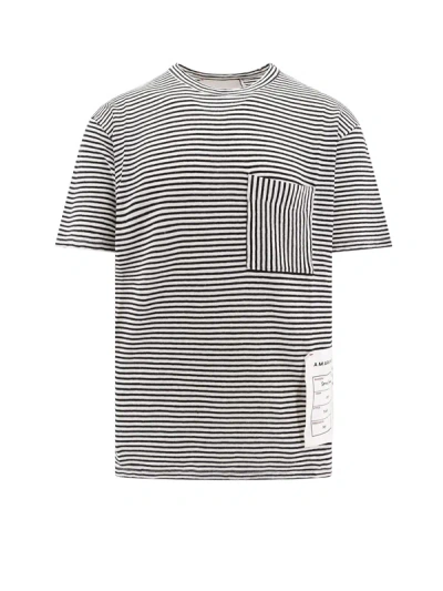 Amaranto Linen And Cotton T-shirt With Striped Motif In Grey