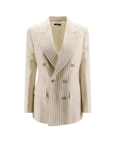 Tom Ford Double-breasted Jacket With Striped Pattern In Beige