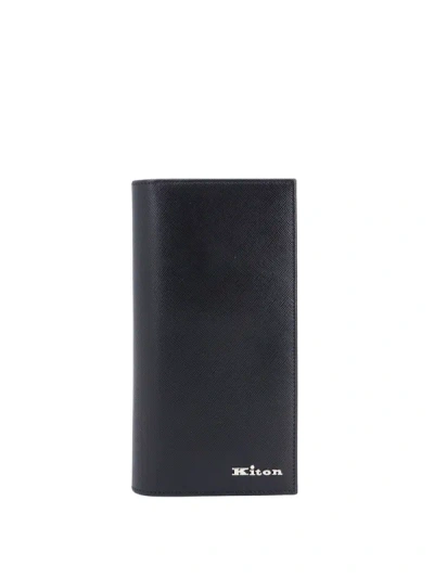 Kiton Saffiano Leather Wallet With Metal Logo In Black