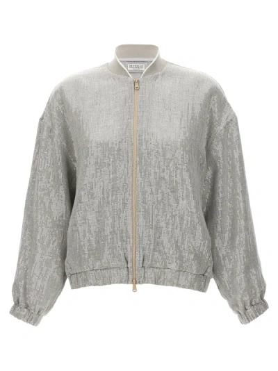 Brunello Cucinelli Sequin Bomber Jacket Casual Jackets, Parka In Grey