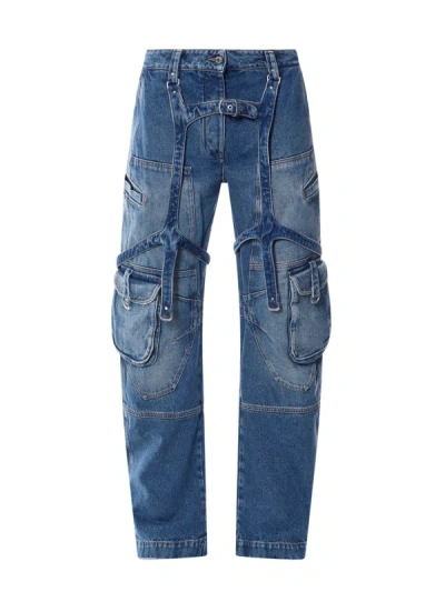 Off-white Cotton Cargo Jeans With Applied Pockets In Blue