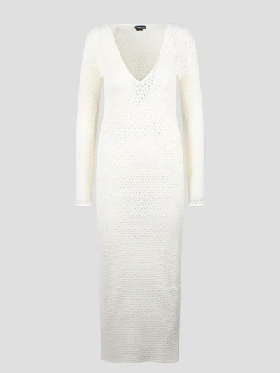 Tom Ford Openwork Stretch Viscose Knit V-neck Maxi Dress In White