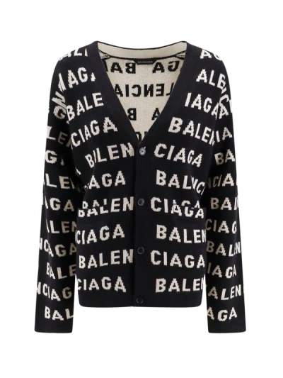 Balenciaga Wool Cardigan With Allover Logo Intarsia In Black