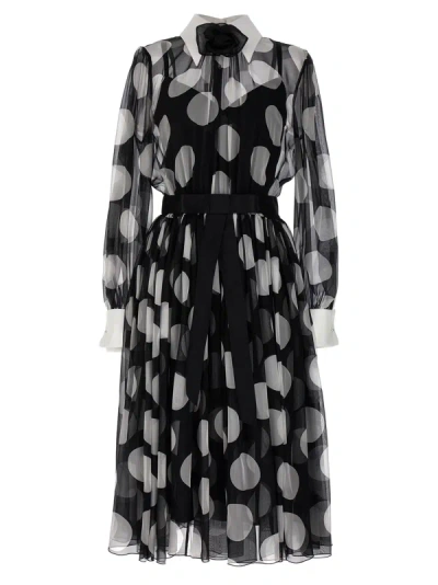 Dolce & Gabbana Dolce&gabbana Longuette Dress With Polka Dots In Silk Chiffon In Black