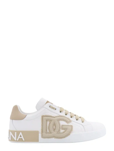 Dolce & Gabbana Leather Trainers With Lateral Monogram In Beige,white