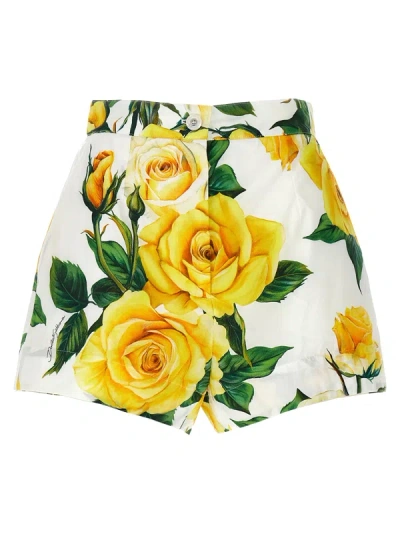 Dolce & Gabbana Cotton Shorts With Yellow Rose Print In Weiss