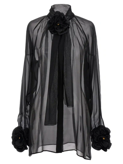 Dolce & Gabbana Silk Chiffon Blouse With Flower Appliques In Black