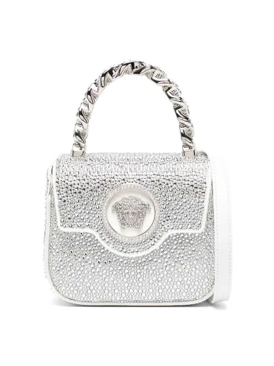 Versace Mini La Medusa Logo Strass Crossbody Bag In Silver
