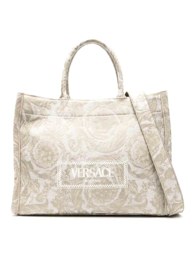Versace Large Tote Embroidery Jacquard In Brown