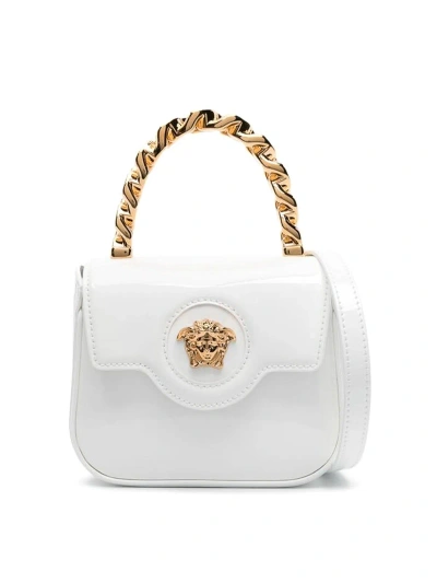 Versace Medusa Patent Leather Top Handle Bag In White