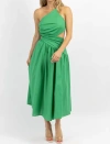 LUXXEL ASYMMETRIC RUCHE MIDI DRESS IN PALM GREEN