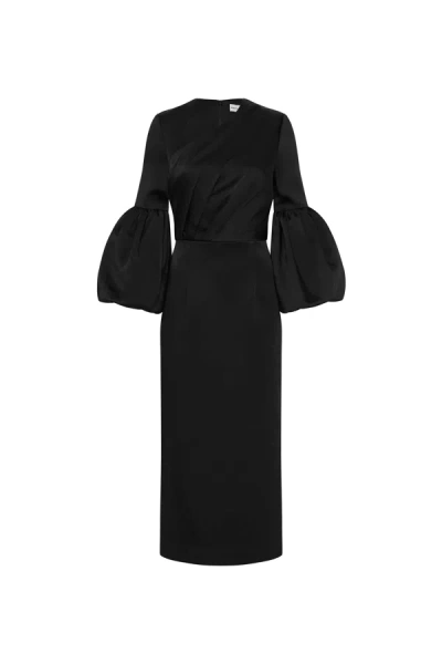 Rebecca Vallance Augustine Gathered Satin Midi Dress In Black