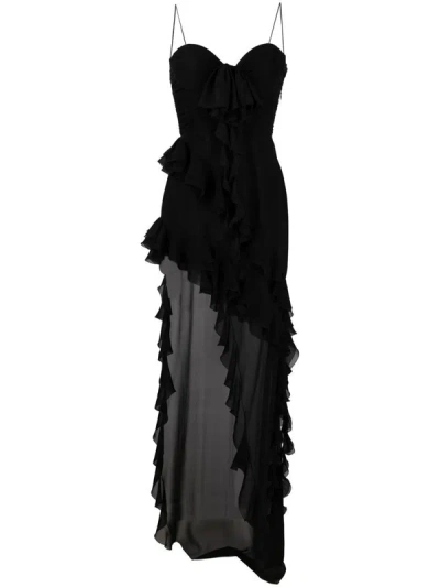 Alessandra Rich Ruffles Detail Silk Georgette Evening Dress In Black