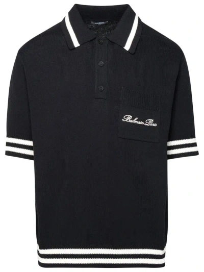 Balmain ' Iconica' Black Cotton Blend Polo Shirt