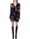 Ganni Ruched Floral-print Stretch-mesh Mini Dress In Black