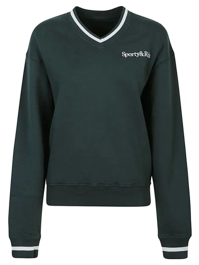 Sporty And Rich Serif Logo V-neck Cotton Sweatshirt In Green