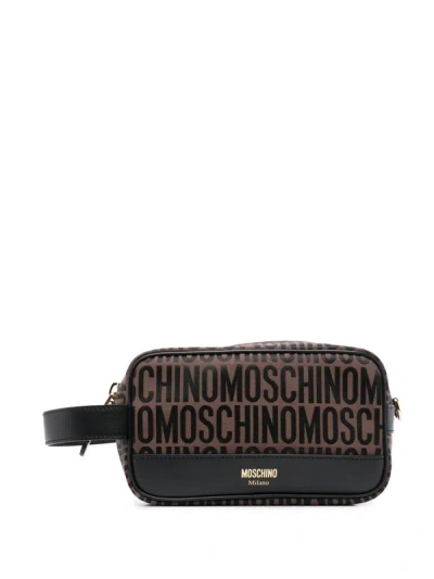 Moschino Versatile Leather Clutch With Detachable Wrist Strap In Brown