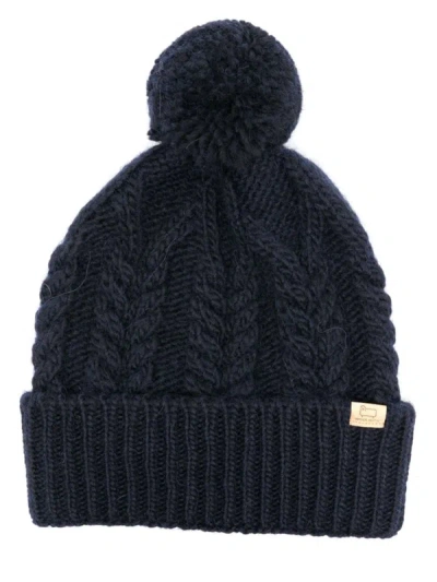 Woolrich Cable Pom Pom Beanie Wool And Alpaca Cap In Blue