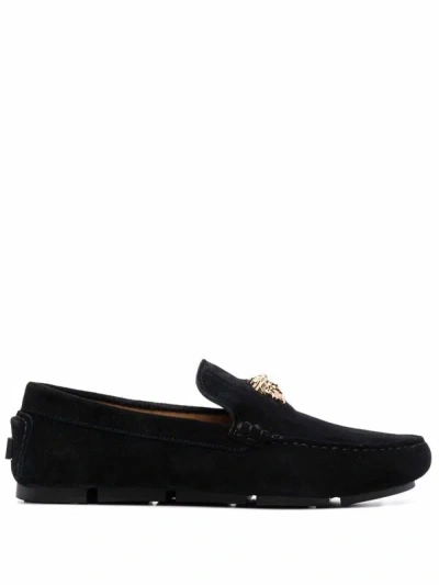 Versace La Medusa Suede Loafers In Black