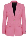 Versace Pink Single-breasted Jacket With All-over Tonal Logo Lettering Print In Pink