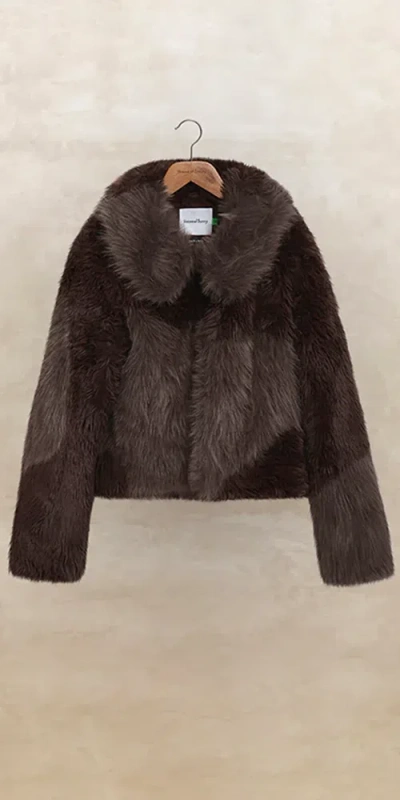 House Of Sunny Gaia Faux Fur Colorblock Jacket In Chocolate, Women's At Urban Outfitters