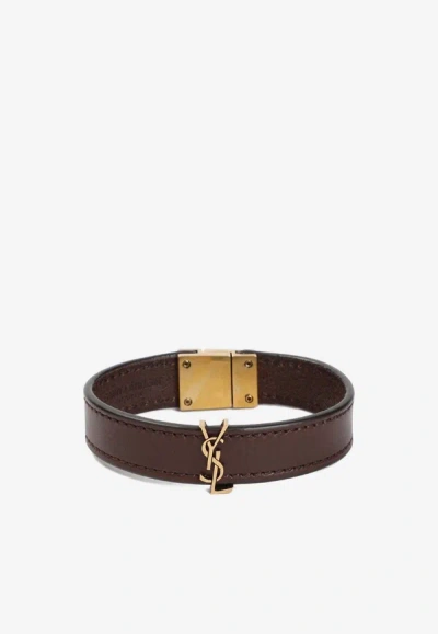 Saint Laurent Cassandre Leather Bracelet In Brown