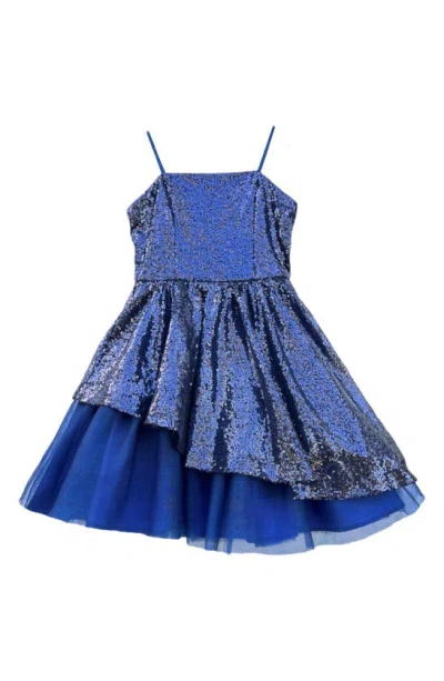 Un Deux Trois Kids' Girl's Sequined Peek-a-boo Tulle Dress In Navy