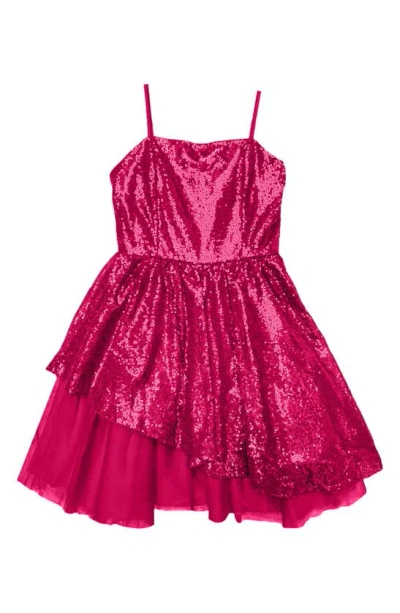Un Deux Trois Kids' Girl's Sequined Peek-a-boo Tulle Dress In Fuchsia