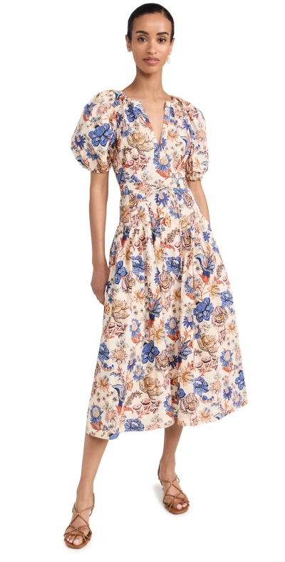 Ulla Johnson Carina Floral Cotton Poplin Puff-sleeve Midi Dress In Magnolia