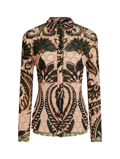 Etro Printed African-mesh Long-sleeve Collared Shirt In Pink