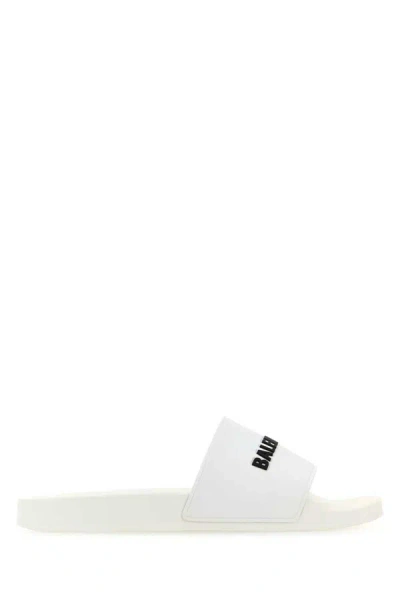 Balenciaga Lettering Logo Pool Slides In White Black