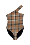 Burberry Check Stretch Nylon Asymmetric Swimsuit In Beige