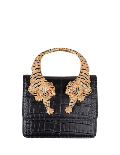 Roberto Cavalli Tiger-handle Tote Leather Bag In Black