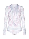 Versace Barocco-print Checked Bodysuit In Pastel Pink + White + Silver