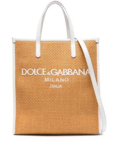 Dolce & Gabbana Raffia Tote Milano Logo In Beige