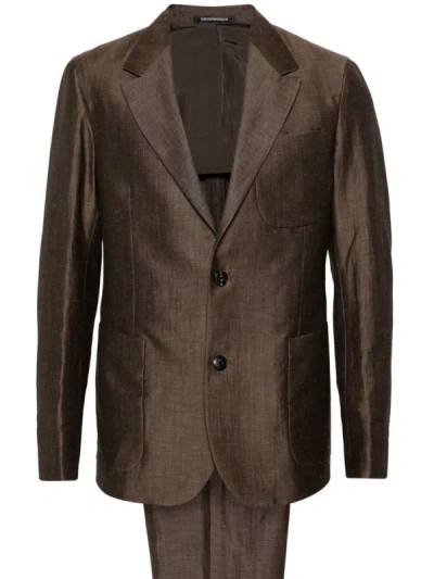 Emporio Armani Single-breasted Linen Blend Suit In Brown