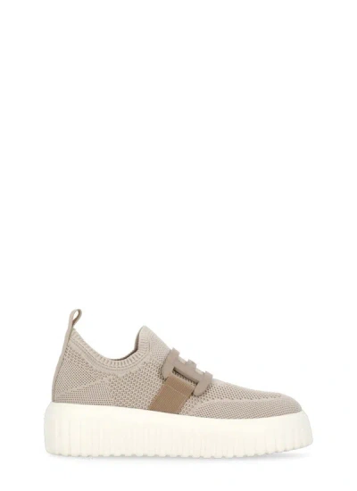 Hogan H-stripes Knit Sneakers In Beige
