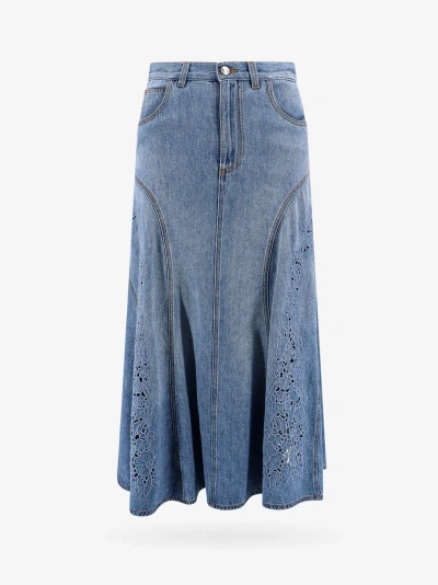 Chloé Cotton & Linen Embroidered Midi Skirt In Blue