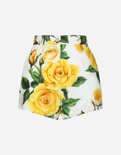 Dolce & Gabbana Cotton Shorts With Yellow Rose Print