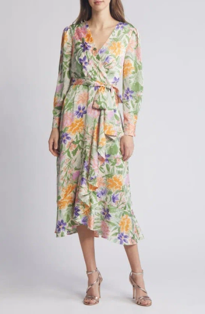 Tahari Asl Floral Print Tie Waist Long Sleeve Faux Wrap Midi Dress In Multi