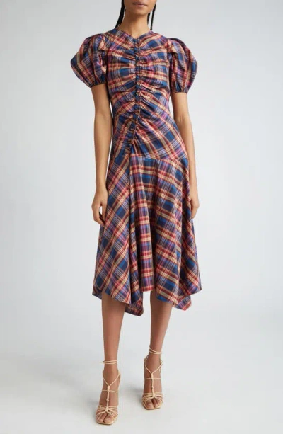 Ulla Johnson Heleen Puff-sleeve Silk Cotton Plaid Midi Dress In Lapis