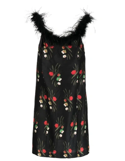 Rixo London Floral-print Feather-trim Dress In Black