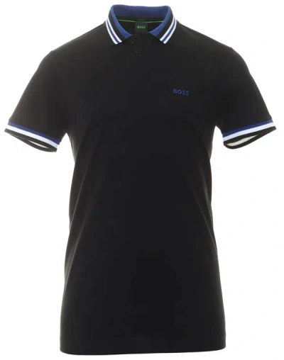 Hugo Boss Men's Paddy 2 Ncsa Navy Blue Short Sleeve Cotton Polo T-shirt With Light Blue Ribbed Knit Collar